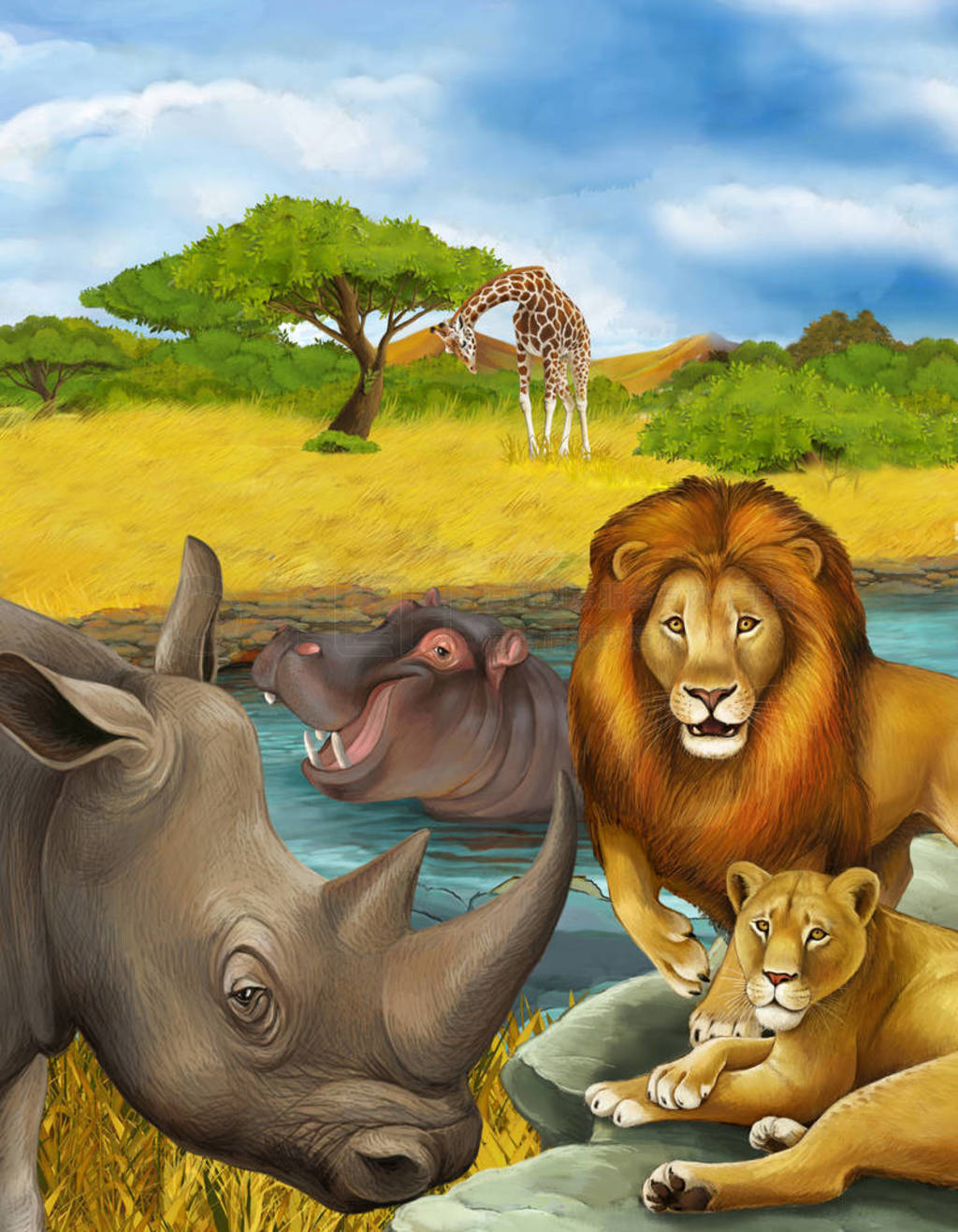 cartoon scene with rhinoceros rhino and hippopotamus hippo near