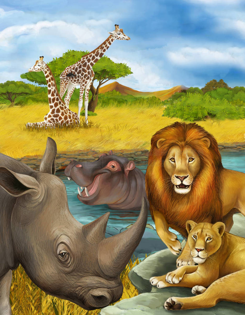 cartoon scene with rhinoceros rhino and hippopotamus hippo near