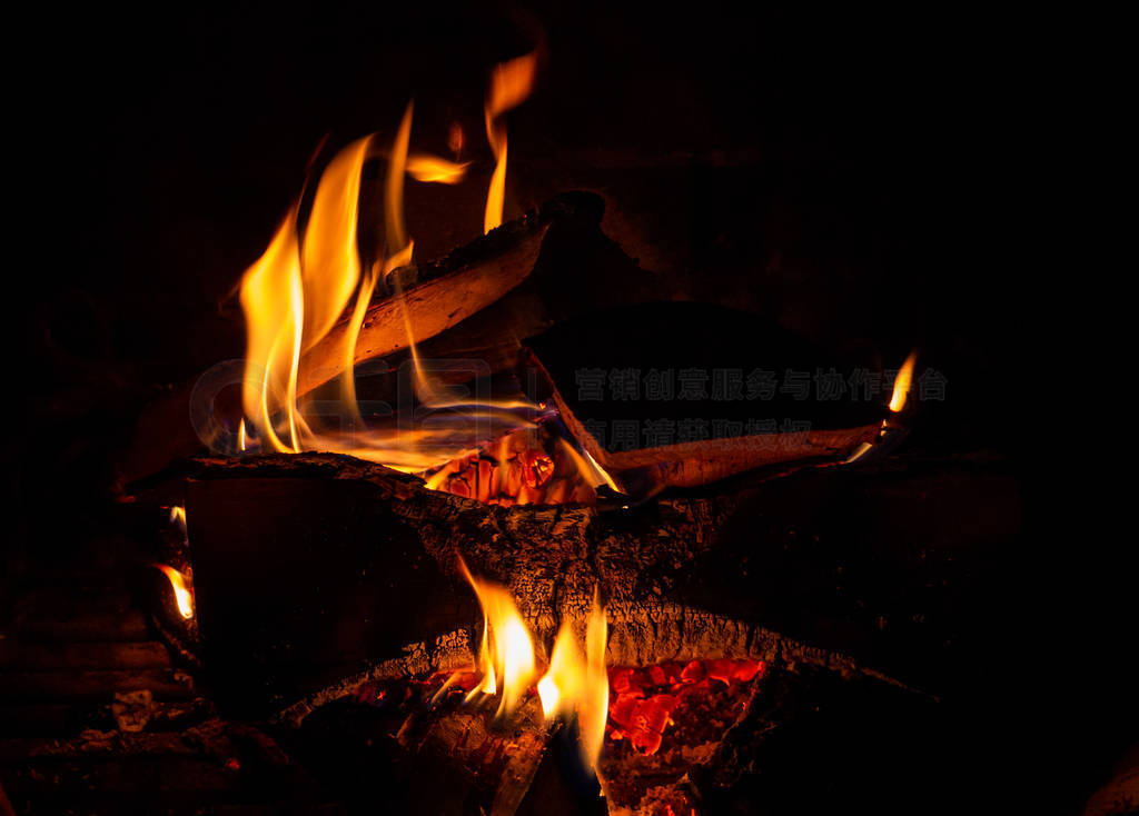 Fire inside the fireplace, heat.