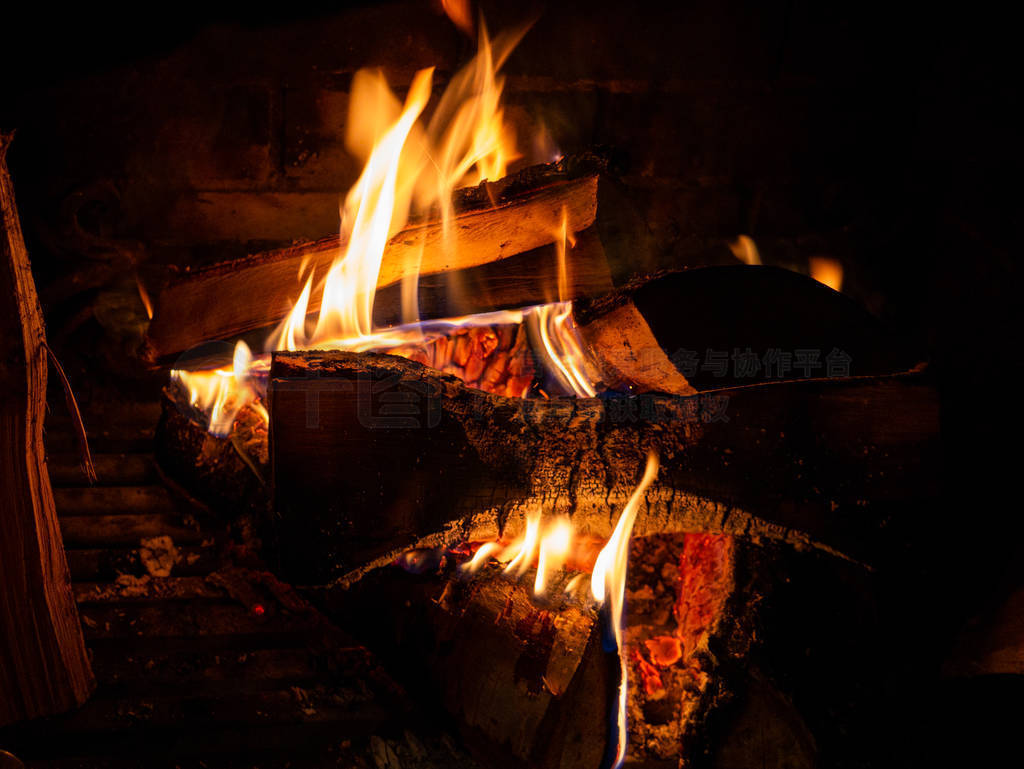 Fire inside the fireplace, heat.