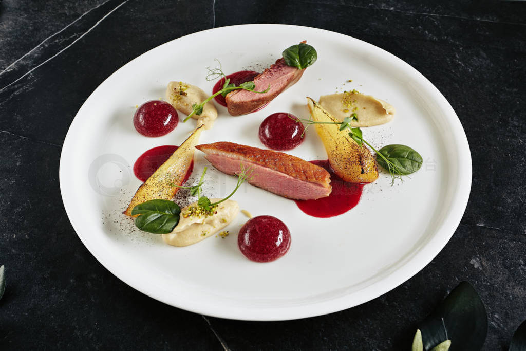 Exquisite Serving Creative Molecular Dish of Duck Breast, Baked