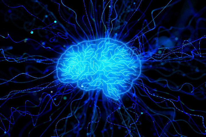创意发光的蓝色电路的大脑墙纸人工智能的概念