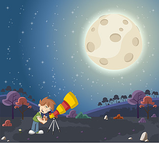 用望远镜看月亮的男孩