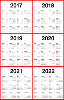 简单为 2017年至 2022 年的日历模板