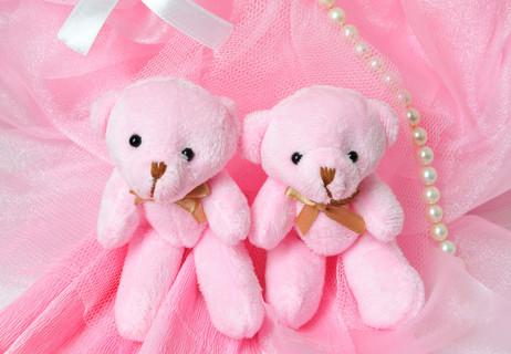 两个有趣粉红粉红的底色上的玩具熊