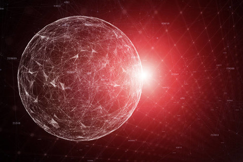 抽象的网络空间球体与艺术数字在红色插图背景