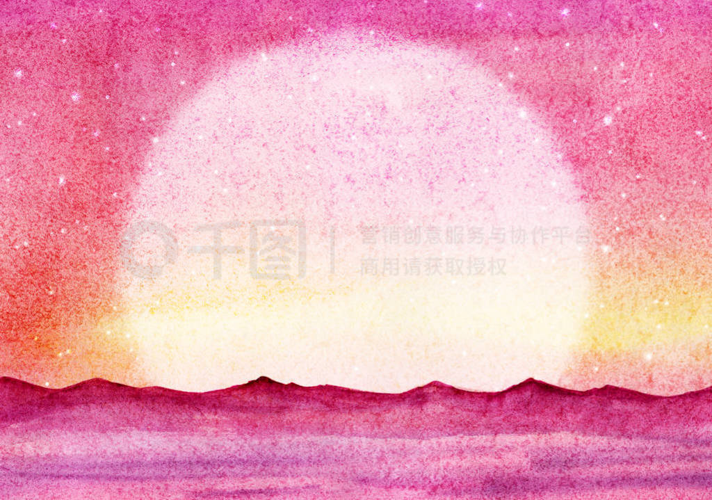 Hand drawn watercolor Landscape. Pink sunset sky and see. Giant