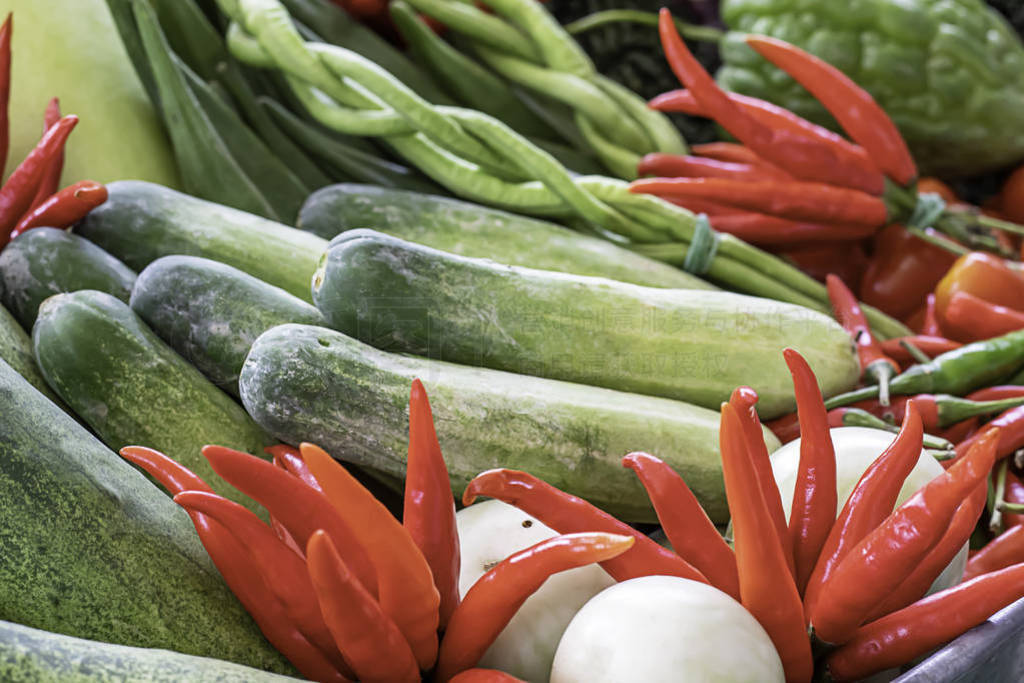 Vegetables in Thailand Cucumber , Tomato , Bitter gourd and red