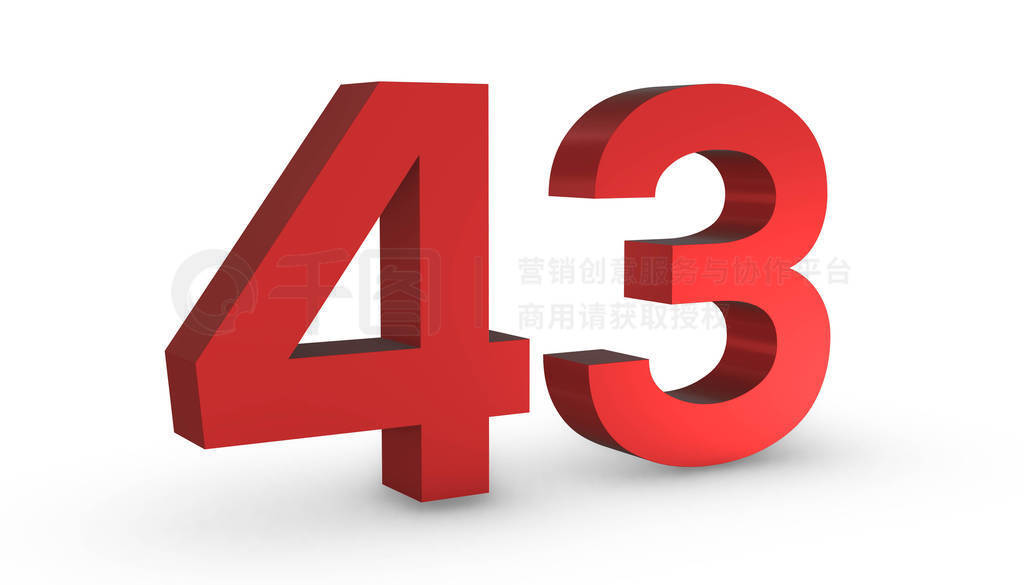 Number 43 Forty Threene Red Sign 3D Rendering Isolated on White