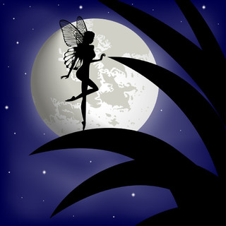 剪影童话女孩与月亮背景上