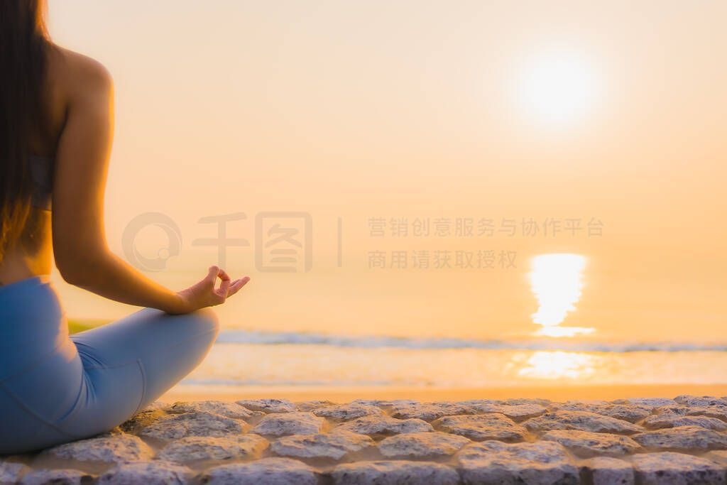 Portrait young asian woman do meditation around sea beach ocean