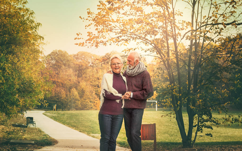 Happy senior couple walking through city park