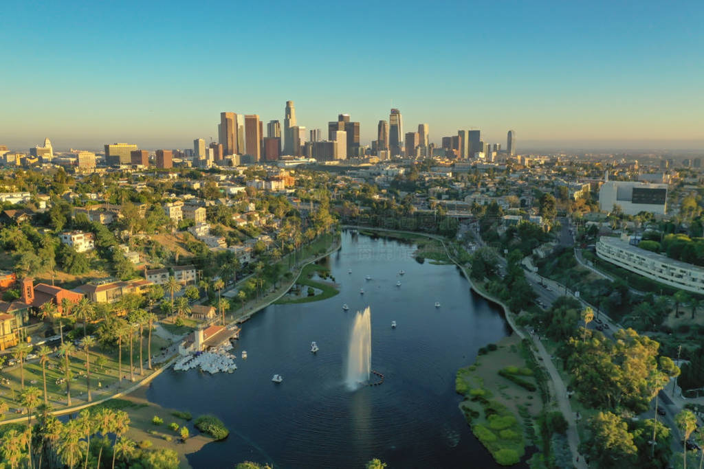 Aerial view of Echo Park and downtown Los Angeles during golden