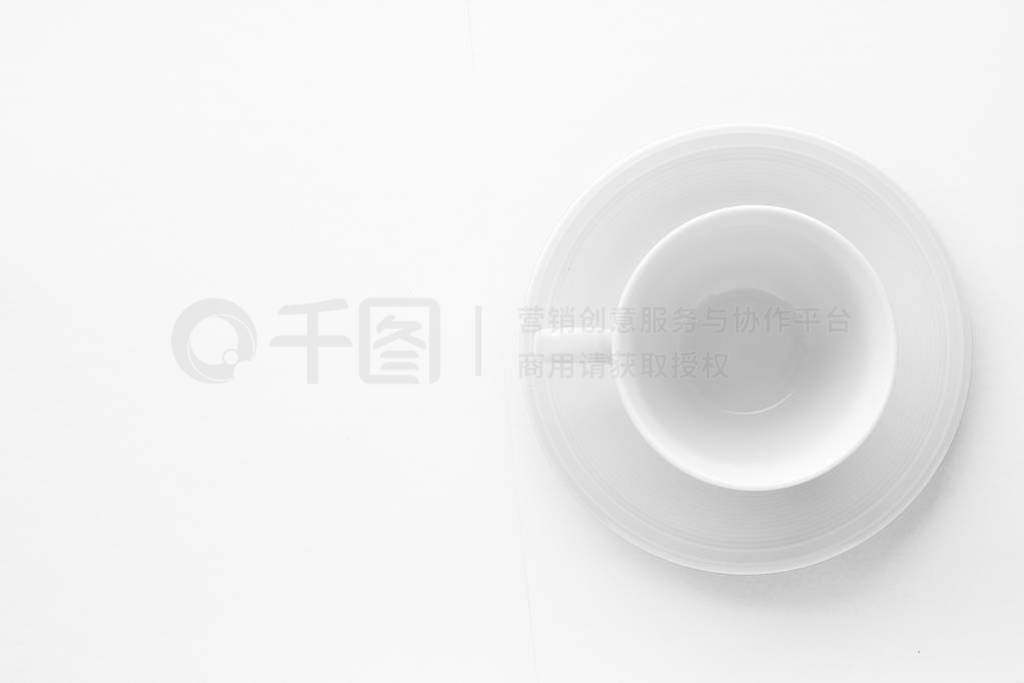 Empty cup and saucer mockup on white background, flatlay