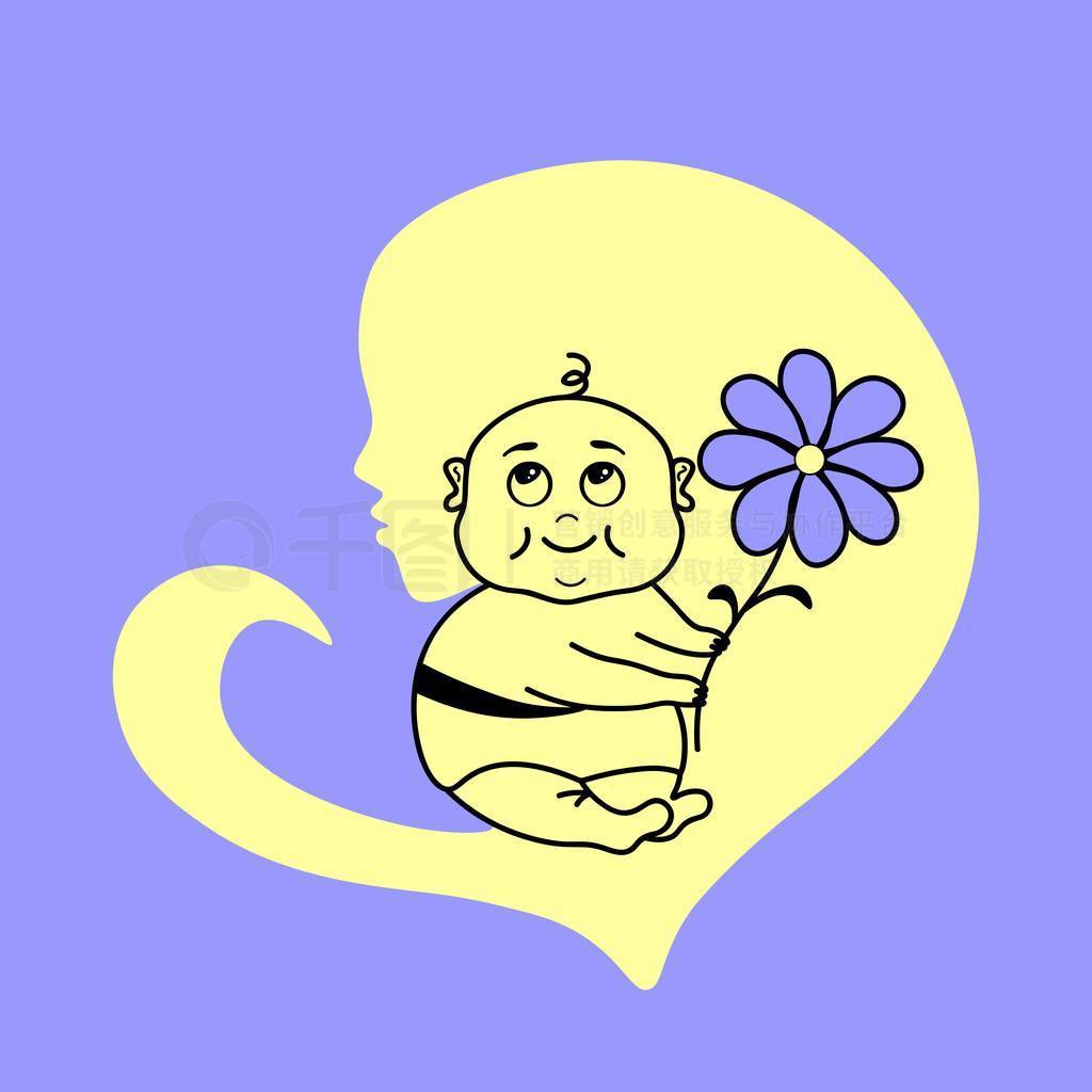 s image in yellow color. Cute kid in a black outline with a purp