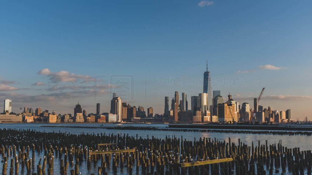 Skyline of downtown Manhattan of New York City at dusk, viewed