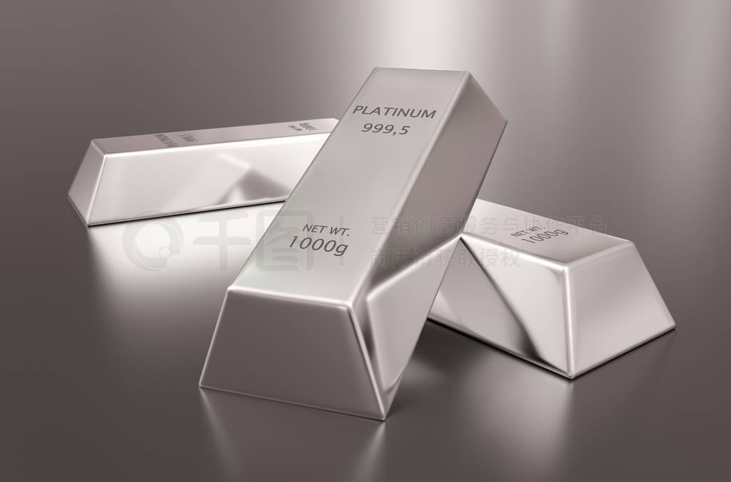Three platinum ingots or bars stacked over reflective silver