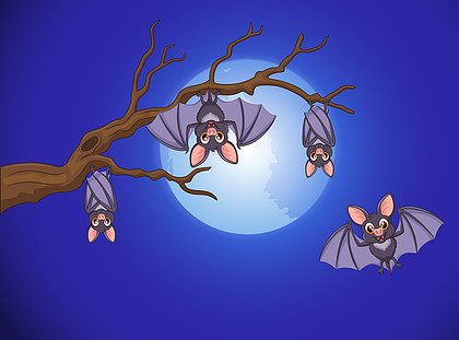 可爱的蝙蝠卡通睡着,飞在晚上与满月背景