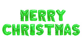 白色背景的绿色气球上用英文字母写的圣诞快乐。假期和教育。