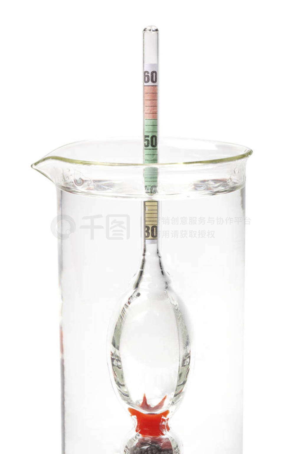 Alcohol Meter Hydrometer in a Laboratory Test Flask on White.