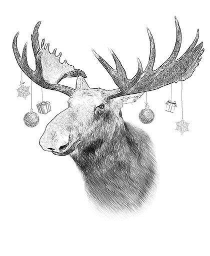 驼鹿在白色背景绘图中的插图, 草绘样式滑稽的圣诞节