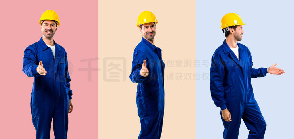 Set of Young workman with helmet handshaking after good deal on
