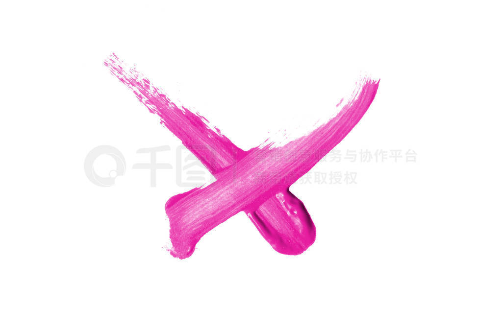 Bright liquid lipstick smear check mark isolated on white. Pink