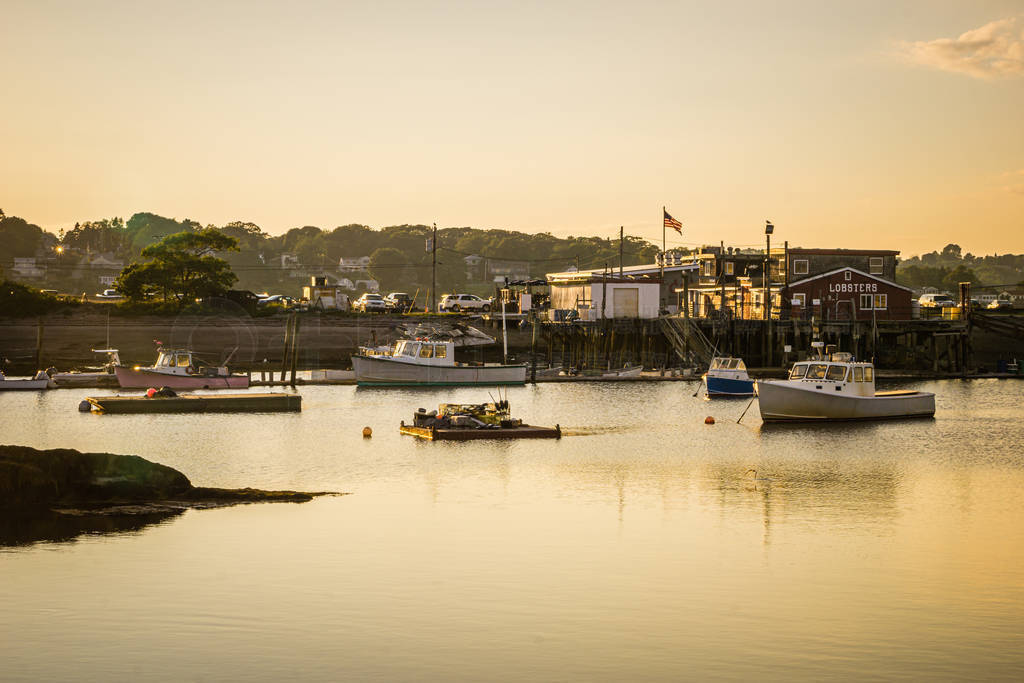 Lobster fishing boats in Maine at sunset