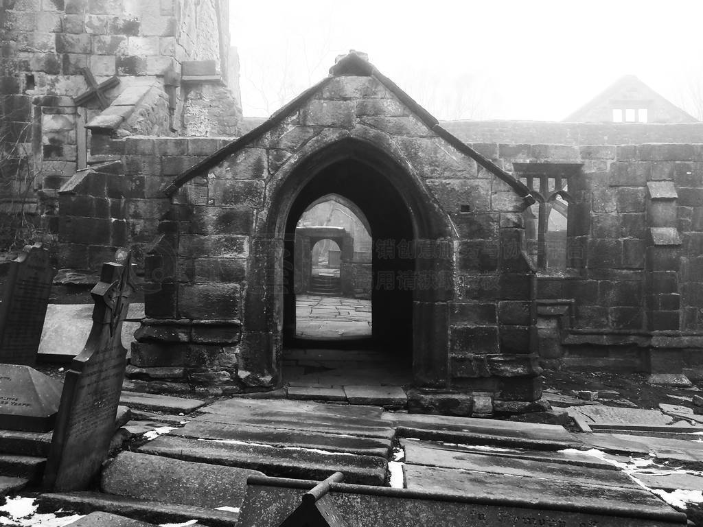 ruined medieval church in heptonstall yorkshire in fog and mist