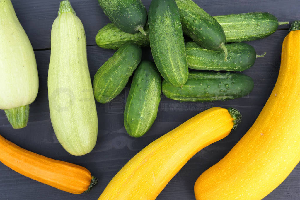 Fresh harvested home grown yellow zucchini squash and green cucu