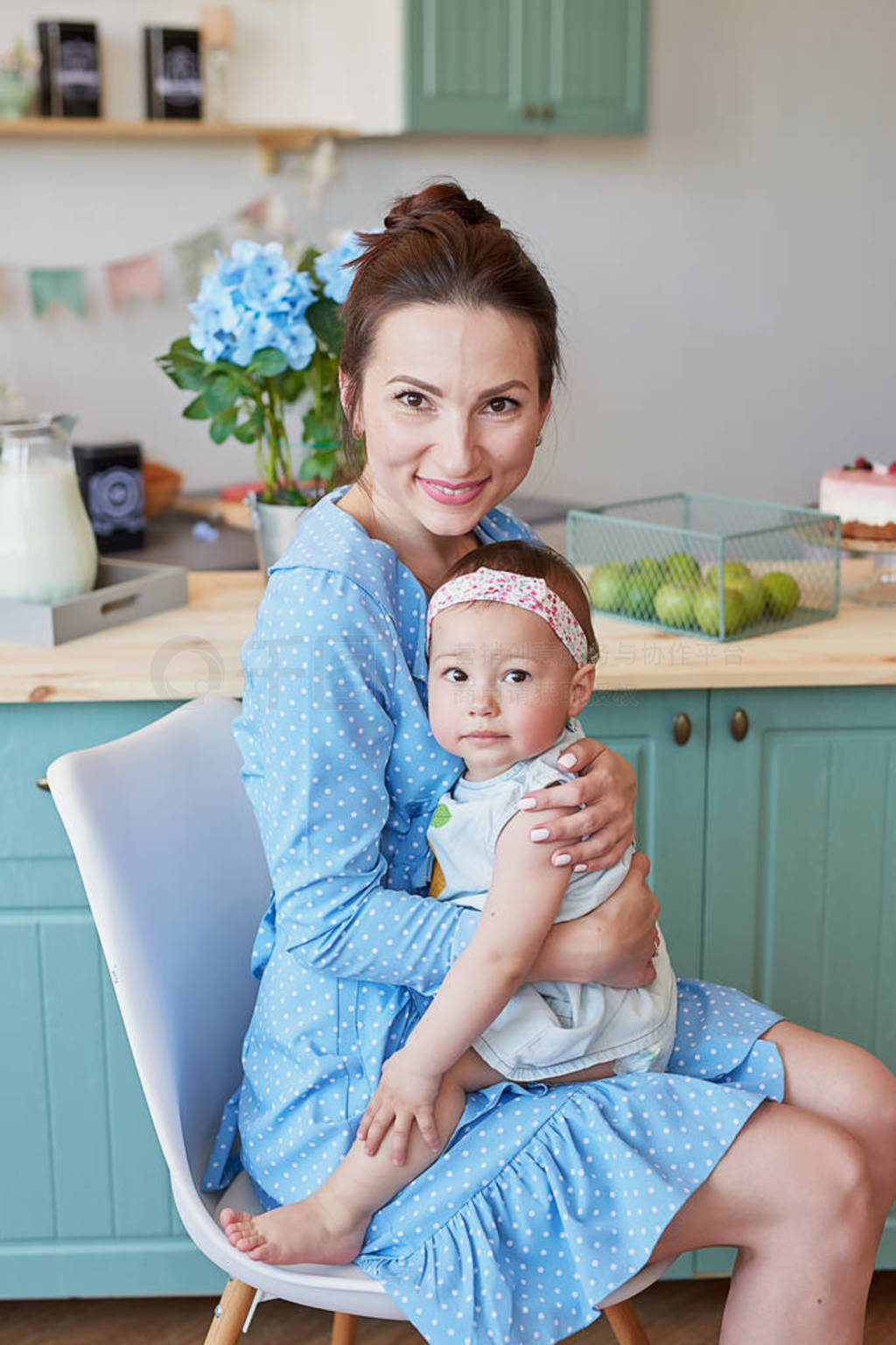 s day greeting card. Family mother and baby daughter in morning