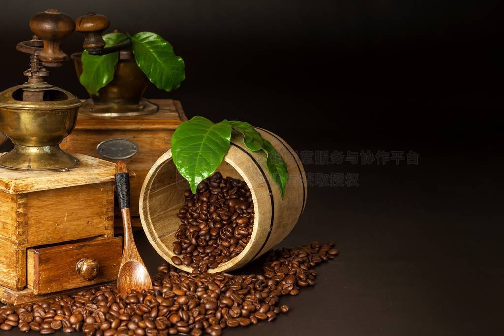 Coffee beans and a wooden grinder. Old coffee grinders. Healthy