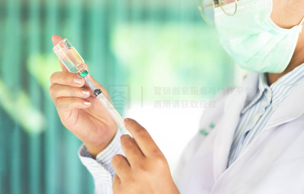 Syringe medication injection and needle in hand nurse asian for