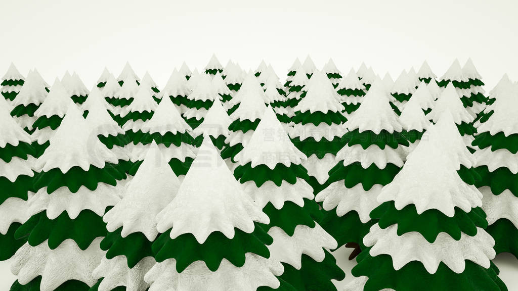 three-dimensional stylized Christmas trees with snowy branches.