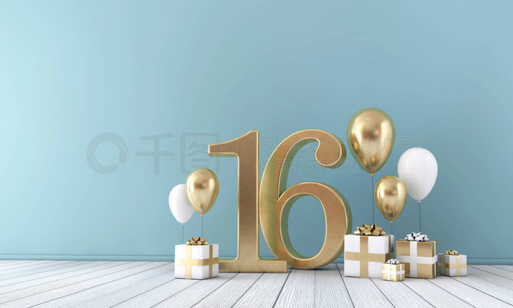 Number 16 party celebration room with gold and white balloons an