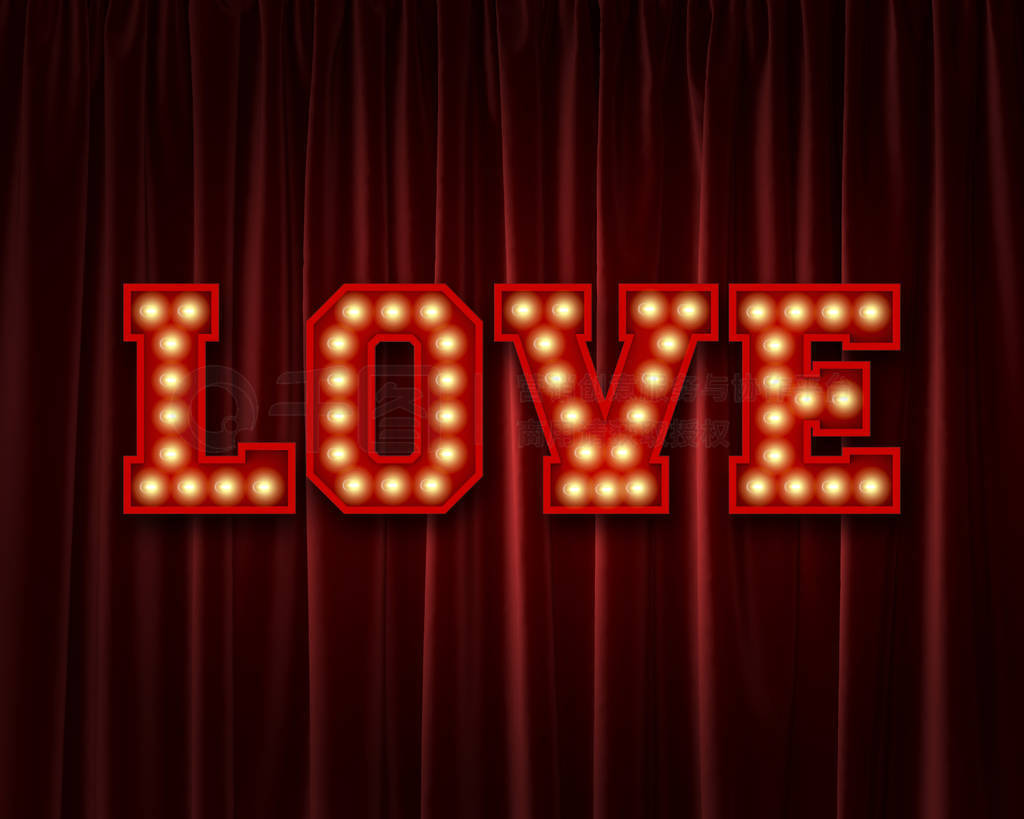 Love lightbulb lettering word against a red theatre curtain. 3D