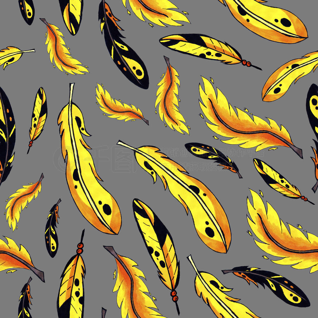 RGByellow and orange feathers seamless pattern. colorful bird f