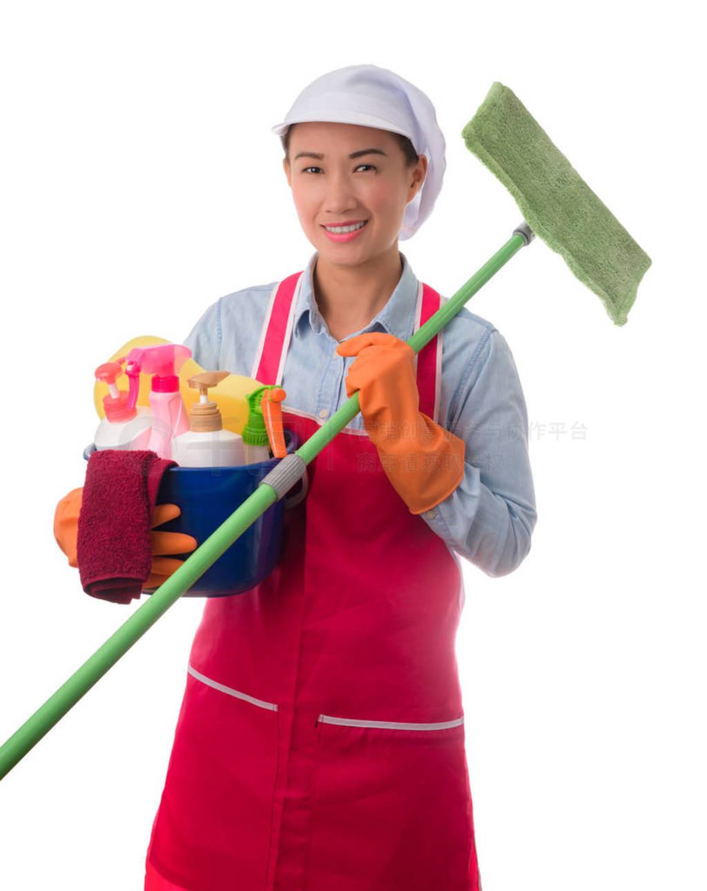 happy woman holding a bucket full of cleaning supplies isolated