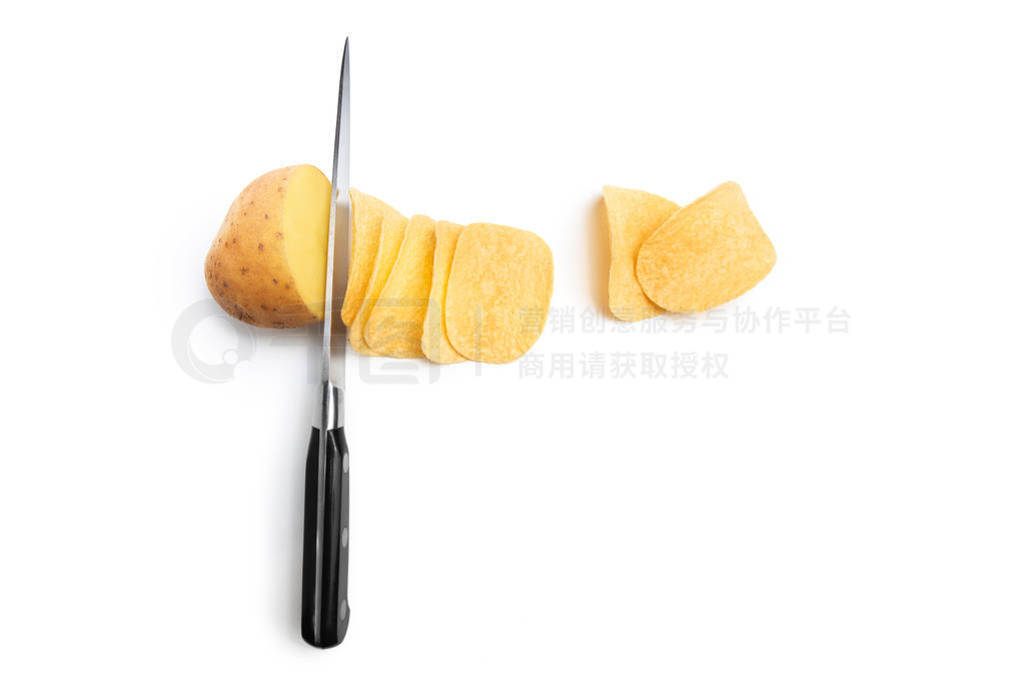 A knife cuts potatoes into chips. Creative photography. White is