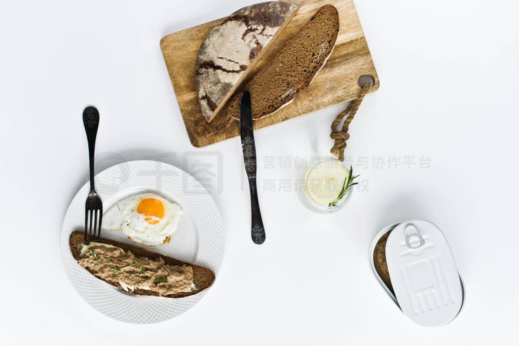 fried egg, liver pate on bread