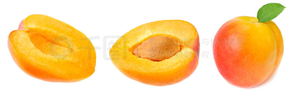 apricot collection. apricot fruits with slices and green leaf is