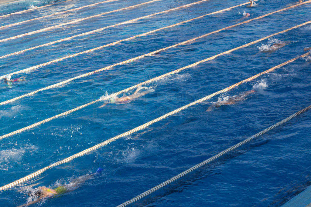Young swimmers in outdoor swimming pool during freestyle race.