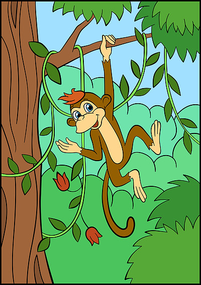 1可爱的小猴子倒挂在010一只倒挂在树枝上的猴子,背上有叶子,头上有一