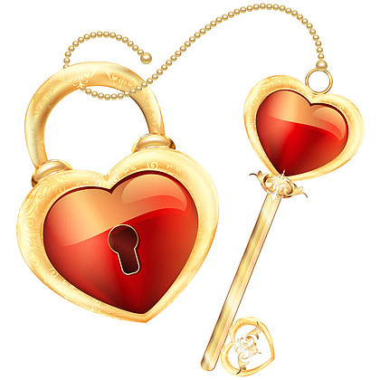 锁和钥匙在黄金点缀与框架图中的白色背景的红色心形