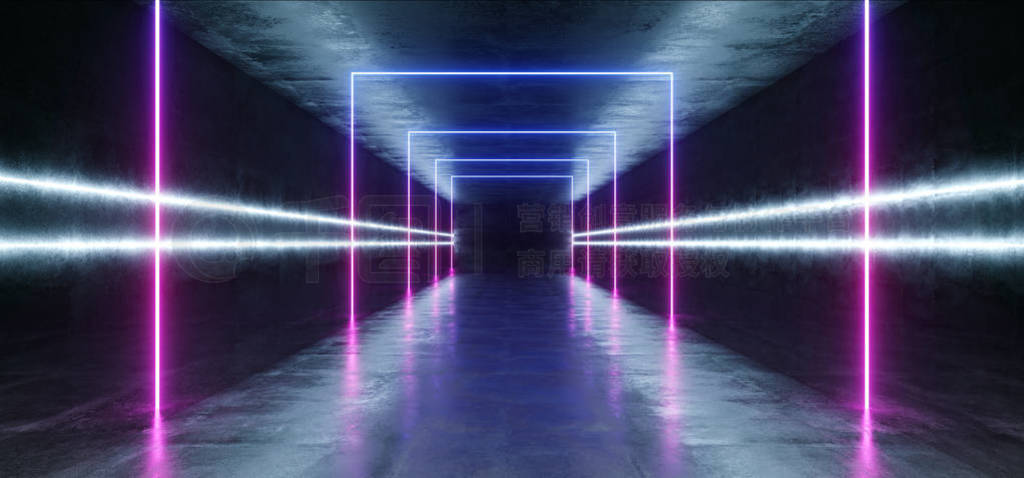 Concrete Grunge Brick Corridor Tunnel Dark Hall Reflective Neon