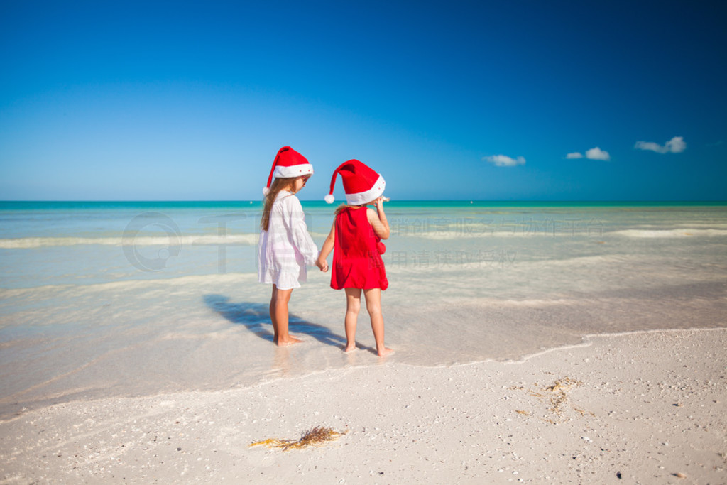 Rear view of Little cute girls?in Christmas hats on the exotic b