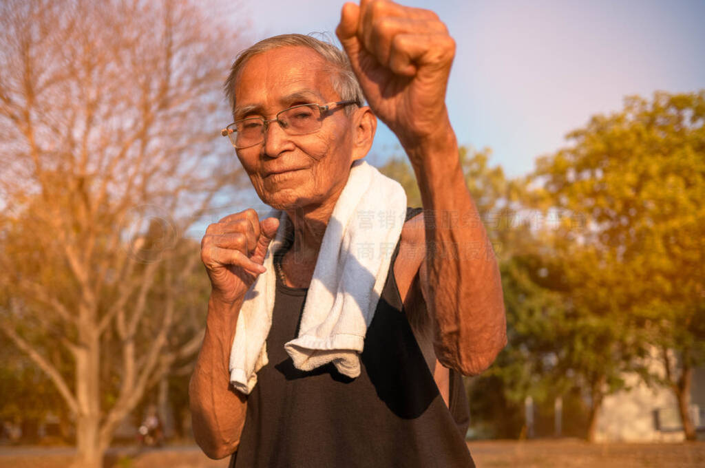 Attractive senior sportive man in boxing stance to exercises in