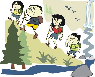 幸福的亚洲家庭在荒野公园远足矢量卡通