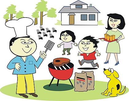 幸福的亚洲家庭享受户外烧烤的用餐矢量卡通