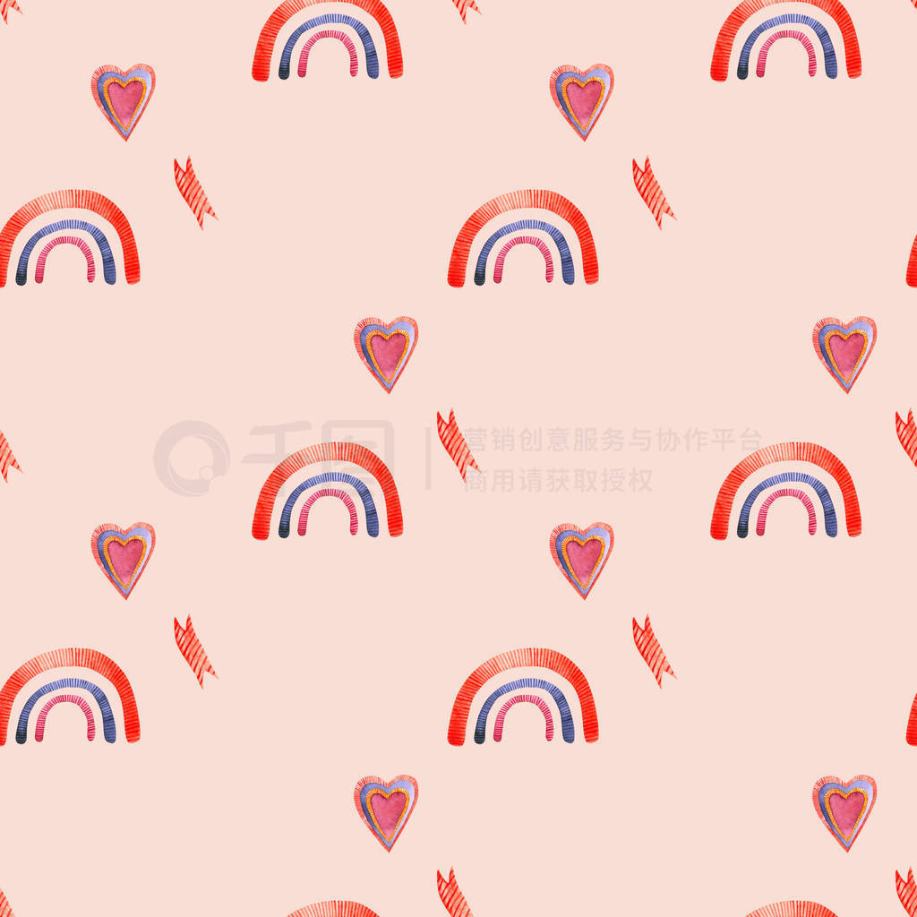 Seamless pattern with watercolor heart, rainbow, ribbon. Hand dr